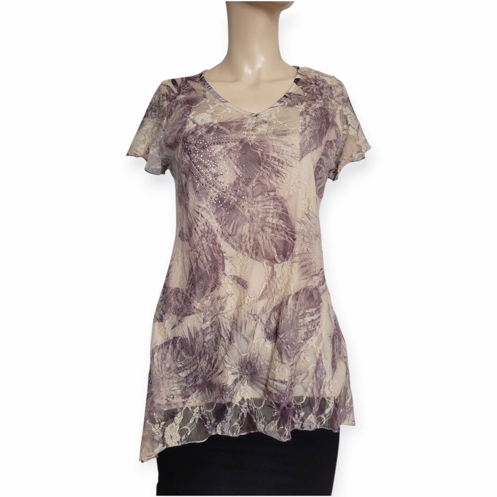 Vintage Fairycore Lace Overlay Lavender and Cream Botanical Print V-Neck Tee